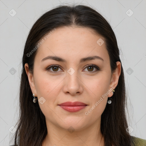 Joyful white young-adult female with long  brown hair and brown eyes