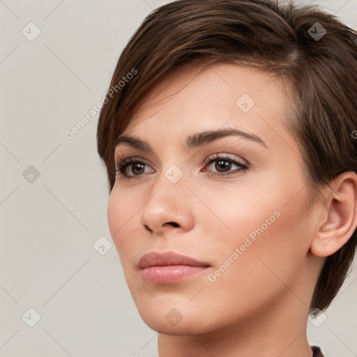 Neutral white young-adult female with short  brown hair and brown eyes