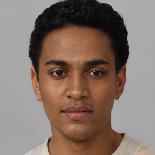 Neutral black young-adult male with short  black hair and brown eyes