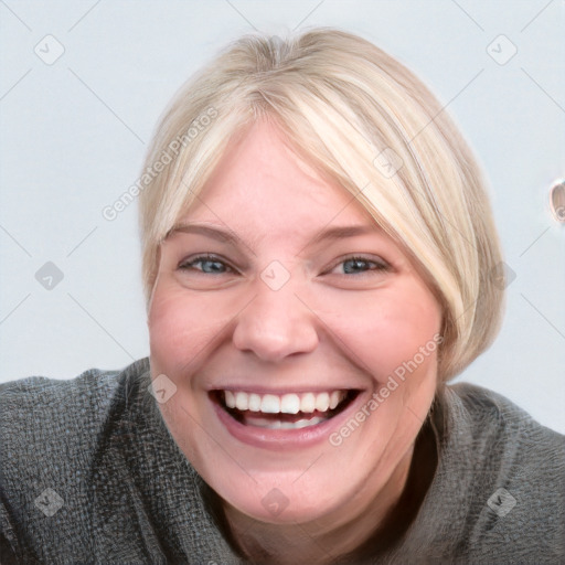 Joyful white young-adult female with medium  brown hair and blue eyes