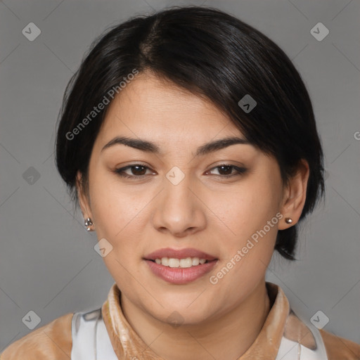 Joyful white young-adult female with medium  brown hair and brown eyes