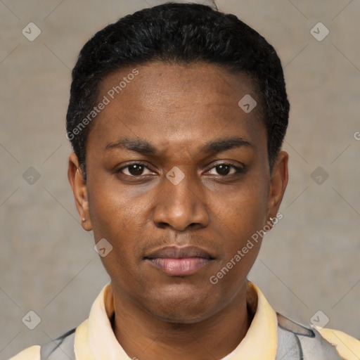 Neutral black young-adult male with short  black hair and brown eyes