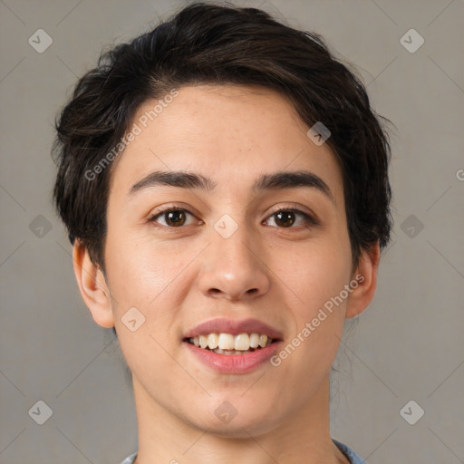 Joyful white young-adult female with medium  brown hair and brown eyes