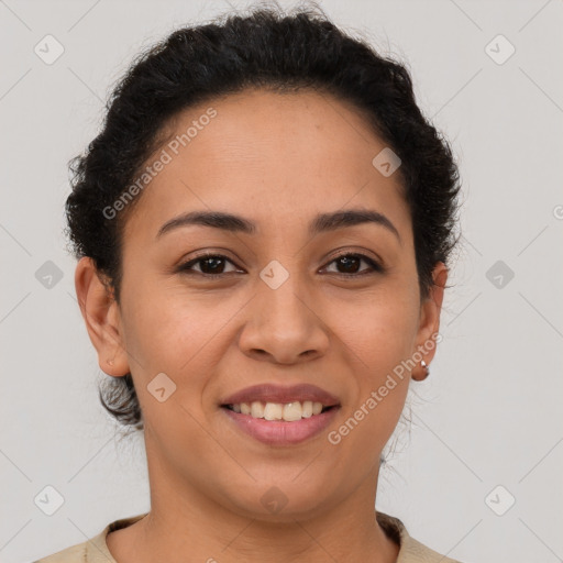 Joyful latino young-adult female with short  brown hair and brown eyes