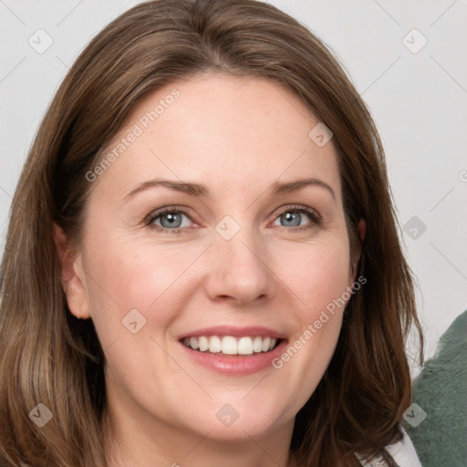 Joyful white young-adult female with medium  brown hair and green eyes