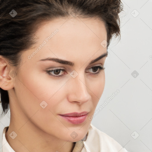 Neutral white young-adult female with medium  brown hair and brown eyes