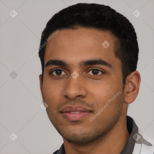 Neutral latino young-adult male with short  black hair and brown eyes