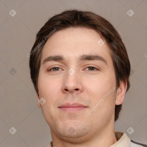 Neutral white young-adult male with short  brown hair and brown eyes