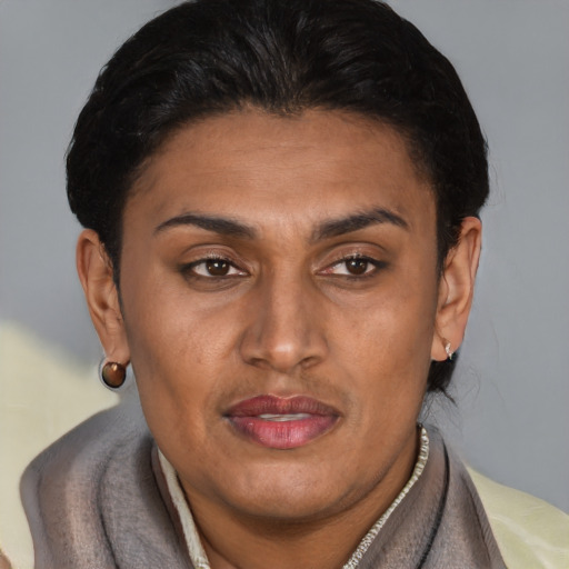 Joyful latino adult female with short  brown hair and brown eyes