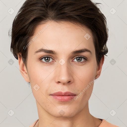 Neutral white young-adult female with short  brown hair and brown eyes