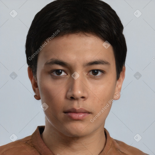 Neutral asian young-adult male with short  black hair and brown eyes