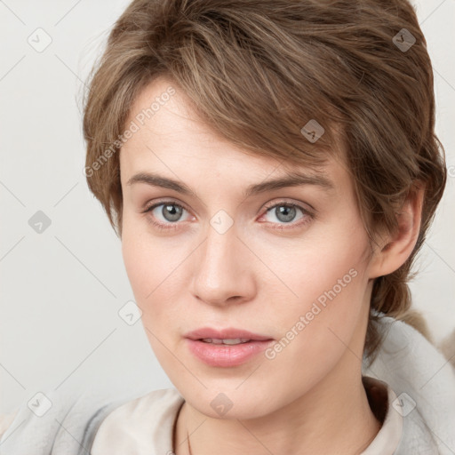 Neutral white young-adult female with medium  brown hair and grey eyes