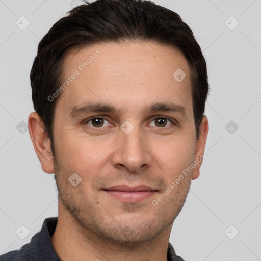 Joyful white young-adult male with short  brown hair and brown eyes