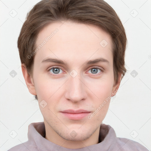 Neutral white young-adult male with short  brown hair and grey eyes