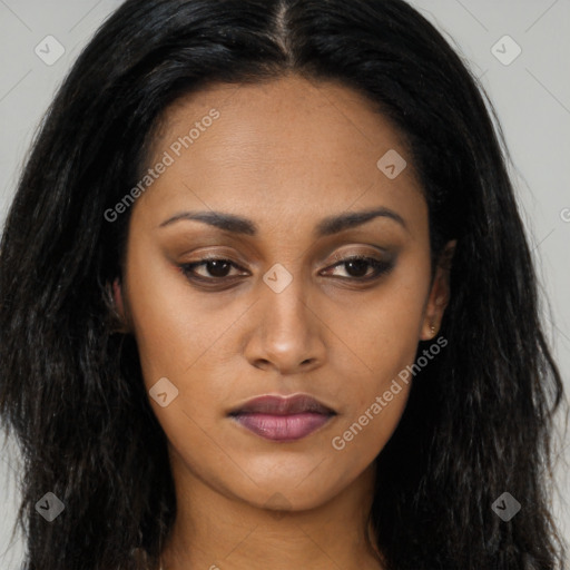 Joyful asian young-adult female with long  brown hair and brown eyes