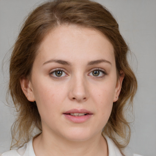 Neutral white young-adult female with medium  brown hair and blue eyes