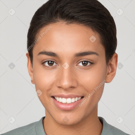 Joyful white young-adult female with short  brown hair and brown eyes