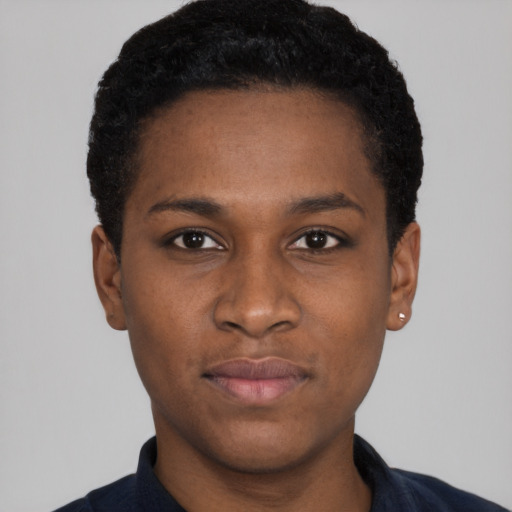 Neutral black young-adult female with short  black hair and brown eyes