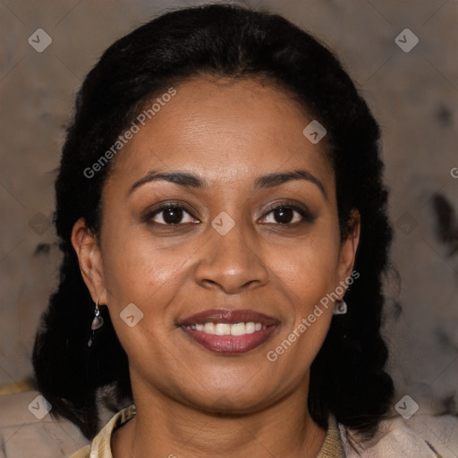 Joyful black young-adult female with medium  brown hair and brown eyes