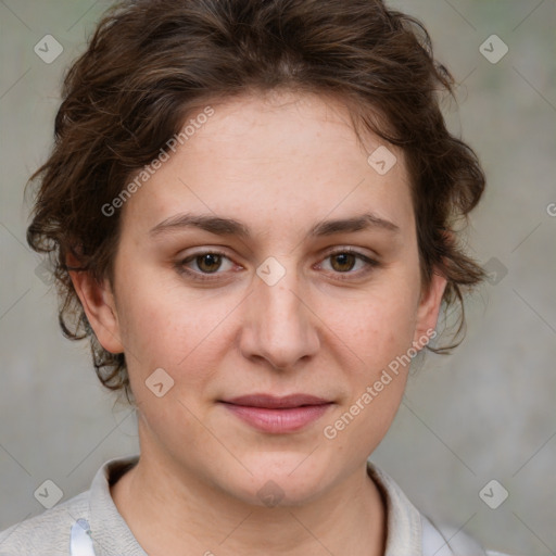 Joyful white young-adult female with medium  brown hair and green eyes