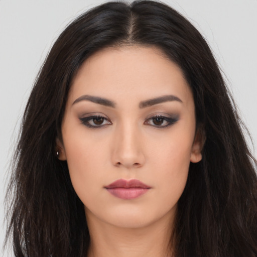 Neutral asian young-adult female with long  black hair and brown eyes