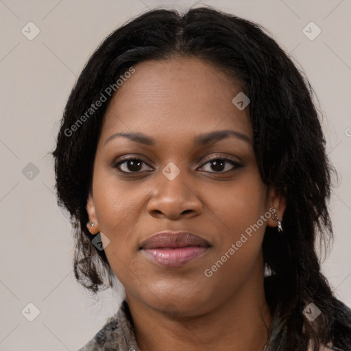 Joyful black young-adult female with medium  black hair and brown eyes