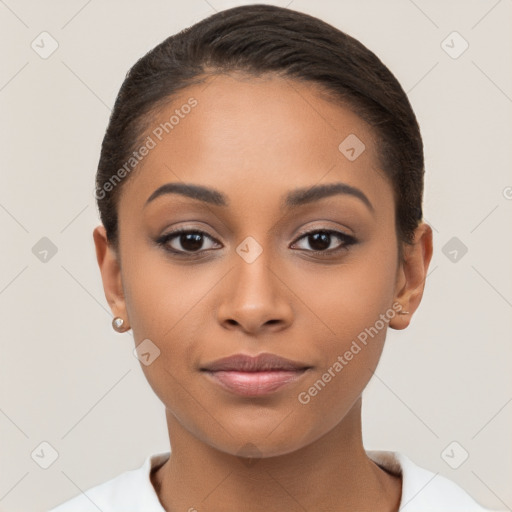 Joyful latino young-adult female with short  brown hair and brown eyes