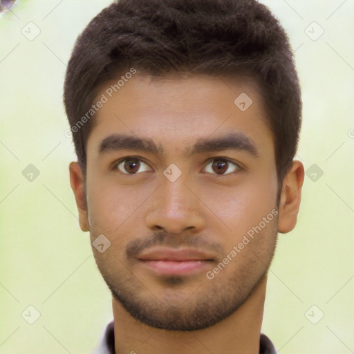 Neutral latino young-adult male with short  brown hair and brown eyes