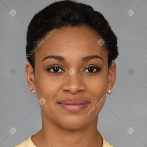 Joyful latino young-adult female with short  brown hair and brown eyes