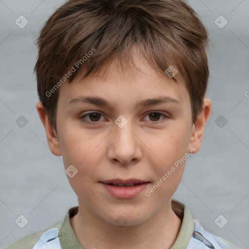 Joyful white child female with short  brown hair and brown eyes