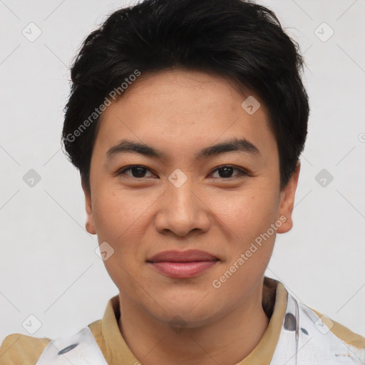 Joyful asian young-adult female with short  black hair and brown eyes