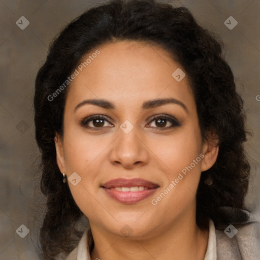 Joyful latino young-adult female with long  brown hair and brown eyes