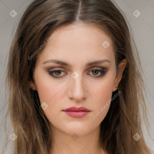 Neutral white young-adult female with long  brown hair and brown eyes