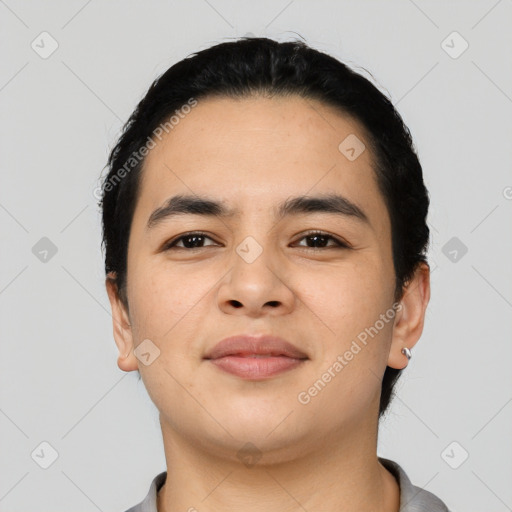 Neutral asian young-adult male with short  black hair and brown eyes