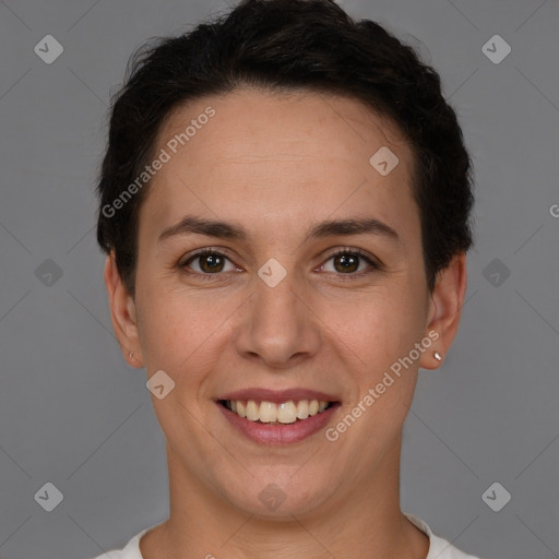 Joyful white young-adult female with short  brown hair and brown eyes