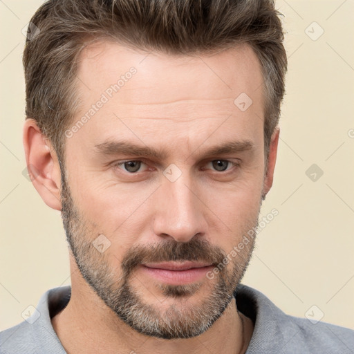 Neutral white adult male with short  brown hair and brown eyes