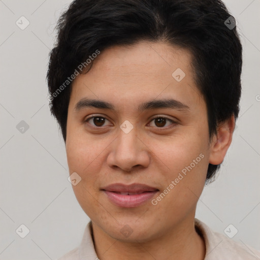 Joyful asian young-adult female with short  brown hair and brown eyes