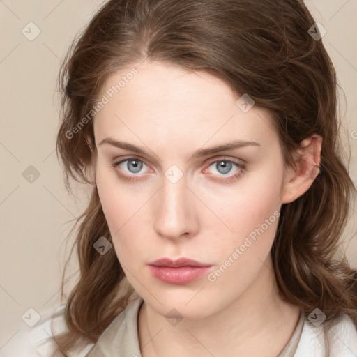 Neutral white young-adult female with medium  brown hair and grey eyes