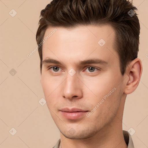 Neutral white young-adult male with short  brown hair and brown eyes