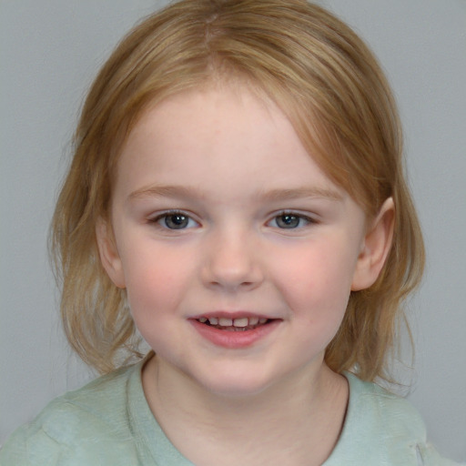 Joyful white child female with medium  brown hair and blue eyes