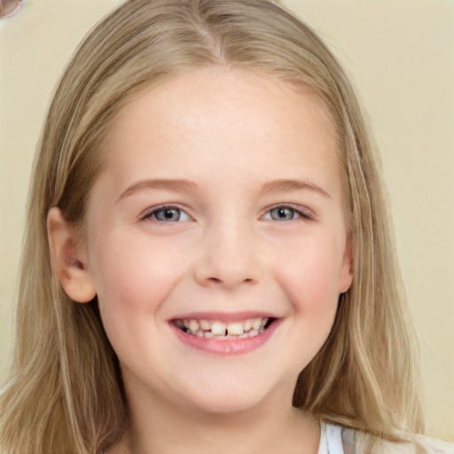 Joyful white child female with long  brown hair and grey eyes