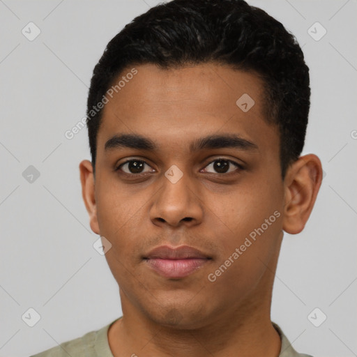 Neutral latino young-adult male with short  black hair and brown eyes