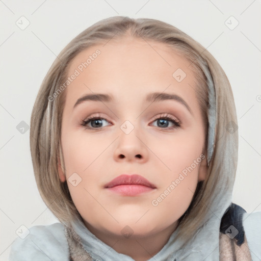 Neutral white young-adult female with medium  brown hair and blue eyes