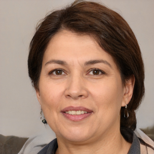 Joyful white adult female with medium  brown hair and brown eyes