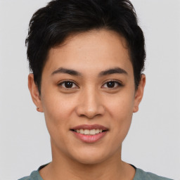 Joyful asian young-adult female with short  brown hair and brown eyes