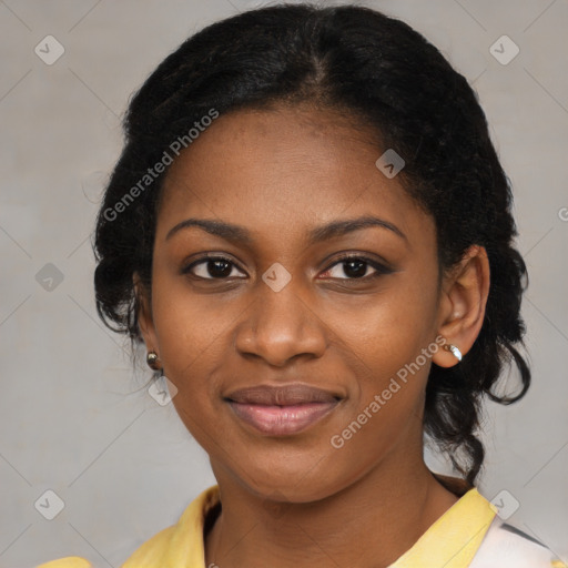 Joyful black young-adult female with medium  black hair and brown eyes