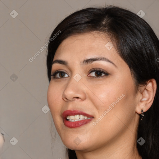 Joyful white young-adult female with medium  brown hair and brown eyes