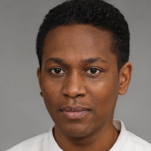 Neutral black young-adult male with short  black hair and brown eyes