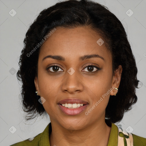 Joyful black young-adult female with medium  brown hair and brown eyes