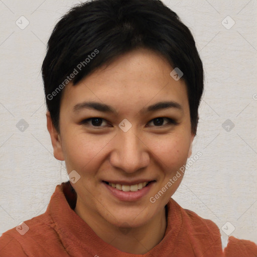 Joyful asian young-adult female with short  brown hair and brown eyes